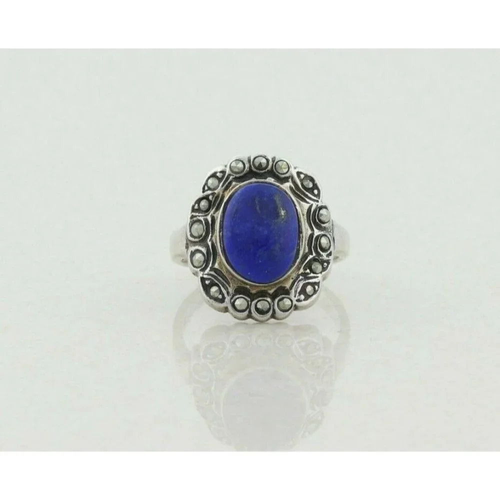 Sterling Silver Lapis Lazuli and Marcasite Ring Size 6
